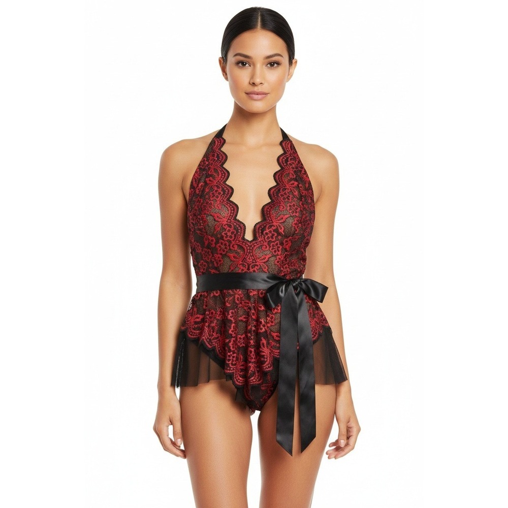 Red Floral Lace Sheer Black Mesh Halter Bodysuit Plus Size 2XL Open Back Tie